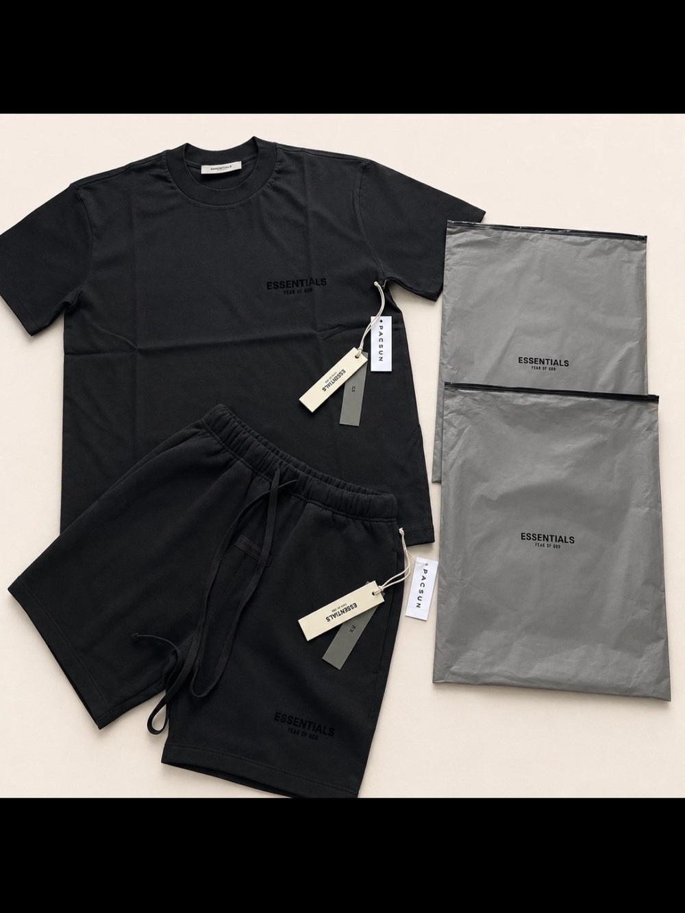 ESSENTIALS short + shirts. Black  Sleeve Tee & Black Drawstring Shorts Set